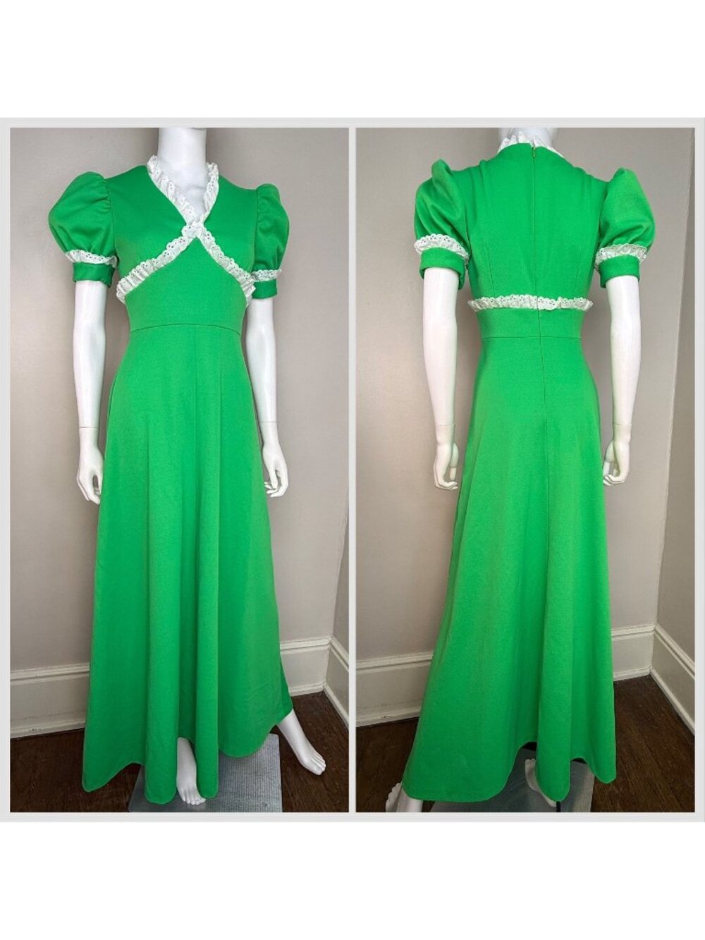 Vintage 1970s Bright Green Maxi Dress, White Eyelet Trim, Homemade Size Small